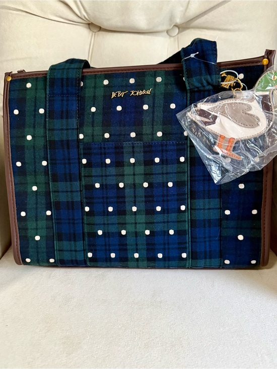 Betsey Johnson Handbags - Betsey Johnson Green & Blue Plaid Polka Dot Tote with Brown Trim